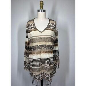 Jess & Jane Mixed Animal Print Stretchy Mesh Top XL Brown Sheer Boho Safari Y2K